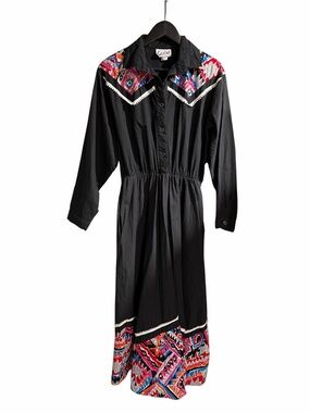 Sas'sa 1980's Vintage Western Black Long‎ Sleeve Dress Large